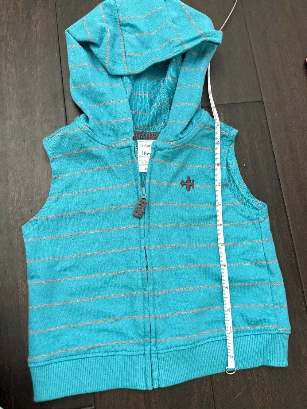 Carter's Turquoise Striped Sleeveless Hooded Zip-Up Vest